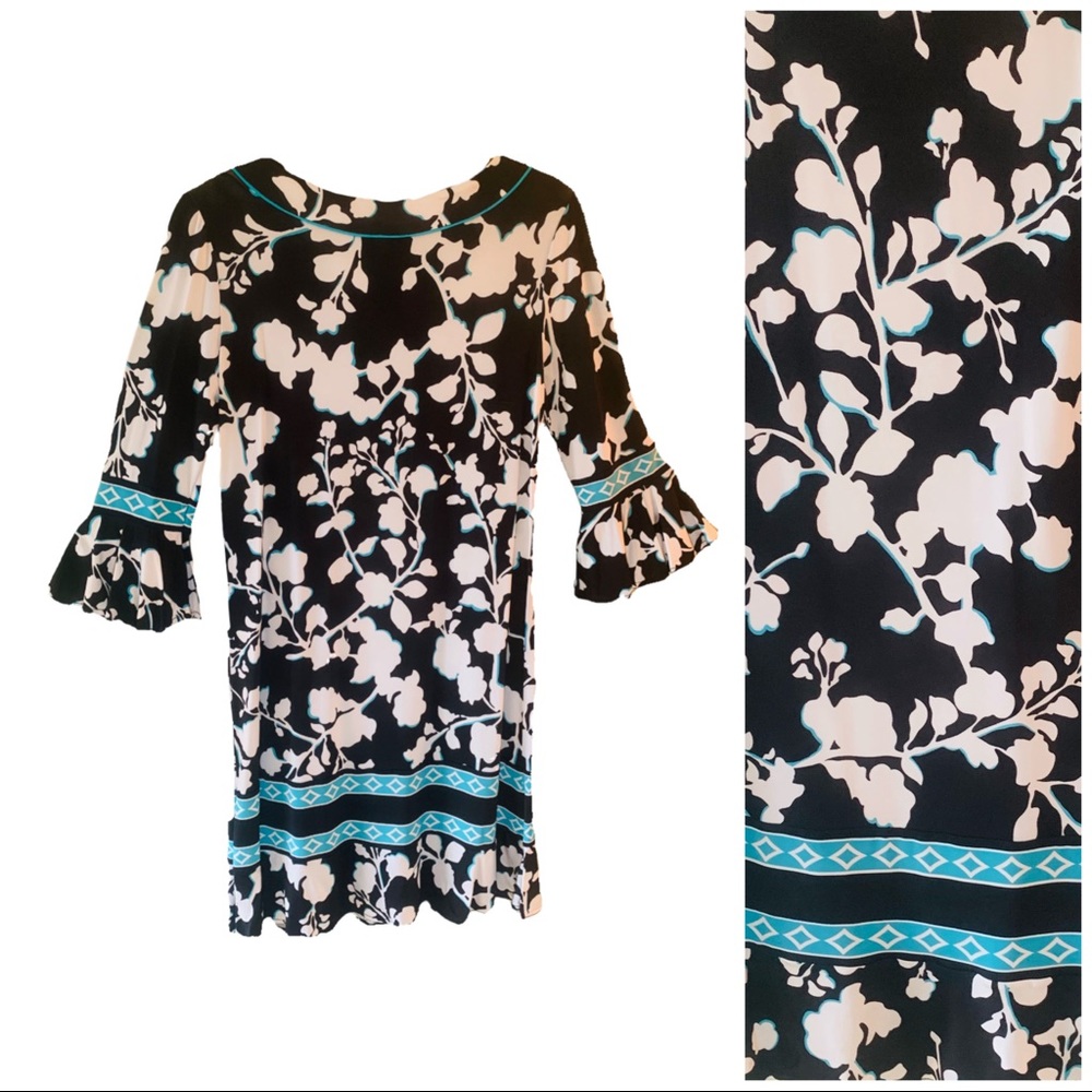 BCBG Bold Graphic Floral all over print packable no wrinkle event dress MEDIUM